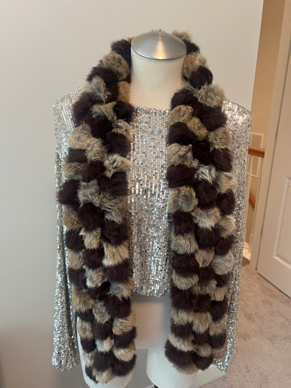 Cejon Brown and Tan Pom Pom rabbit Fur Scarf